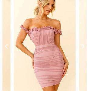 Senorita Off-Shoulder Lettuce Edge Detail Ruched Mini Dress Blush × 1